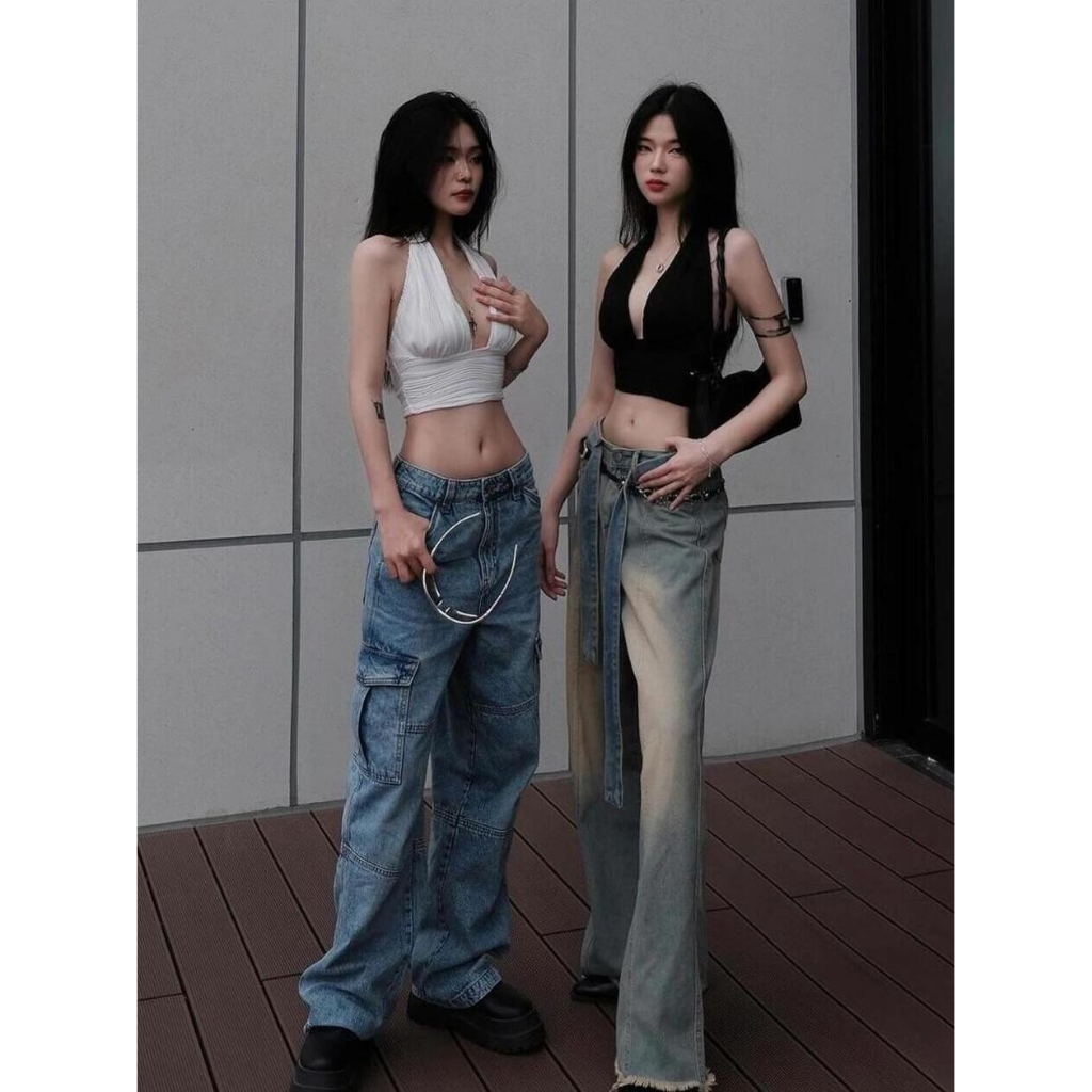 พร้อมส่ง เสื้อครอป โชว์หลัง สไตส์วินเท็จ สายฝอ