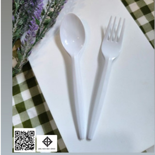 ช้อนส้อมพลาสติกใหญ่ PP สีขาว แบบหนา ไม่บาดปาก ไม่แตกง่าย 1 แ…