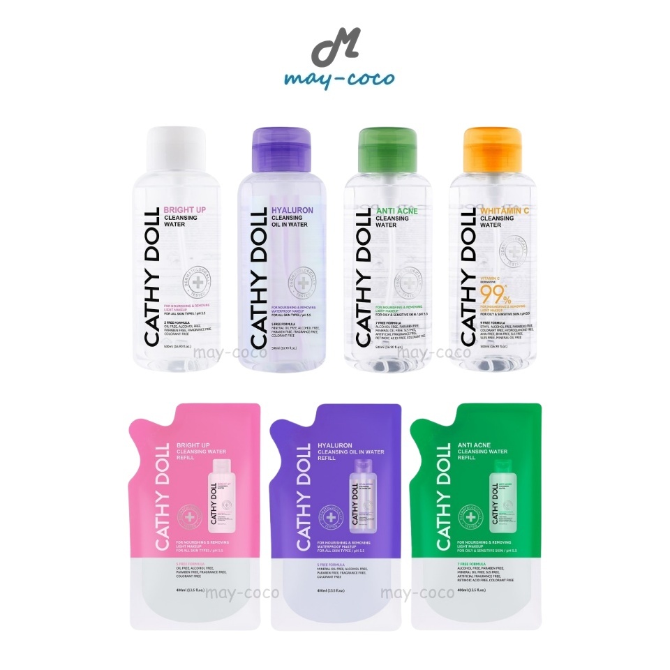 ถูก/แท้/มีไลฟ์ (500ml&Refill) ล้างเครื่องสำอาง น้องฉัตร Cathy Doll Cleansing Water Bright Up Hyaluron Anti Acne เช็ดหน้า