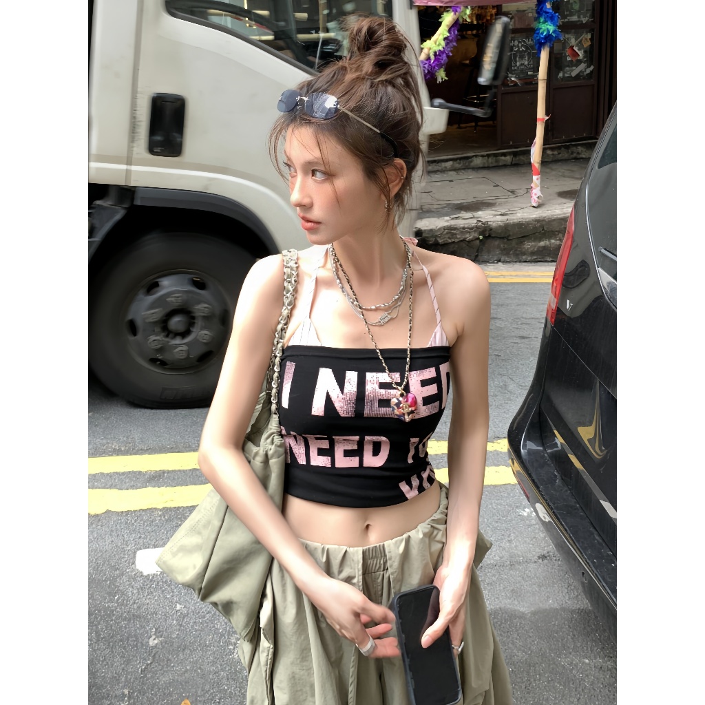 JJ Shop​ พร้อมส่ง เสื้อเกาะ + บราคล้งคอน่ารักๆ สีพื้น สกรีนตัวอักษร มีฟองน้ำ “FY5535” ราคา ถูกที่สุด ดีลบีเคเค แกลเลอรีภาพที่ 2