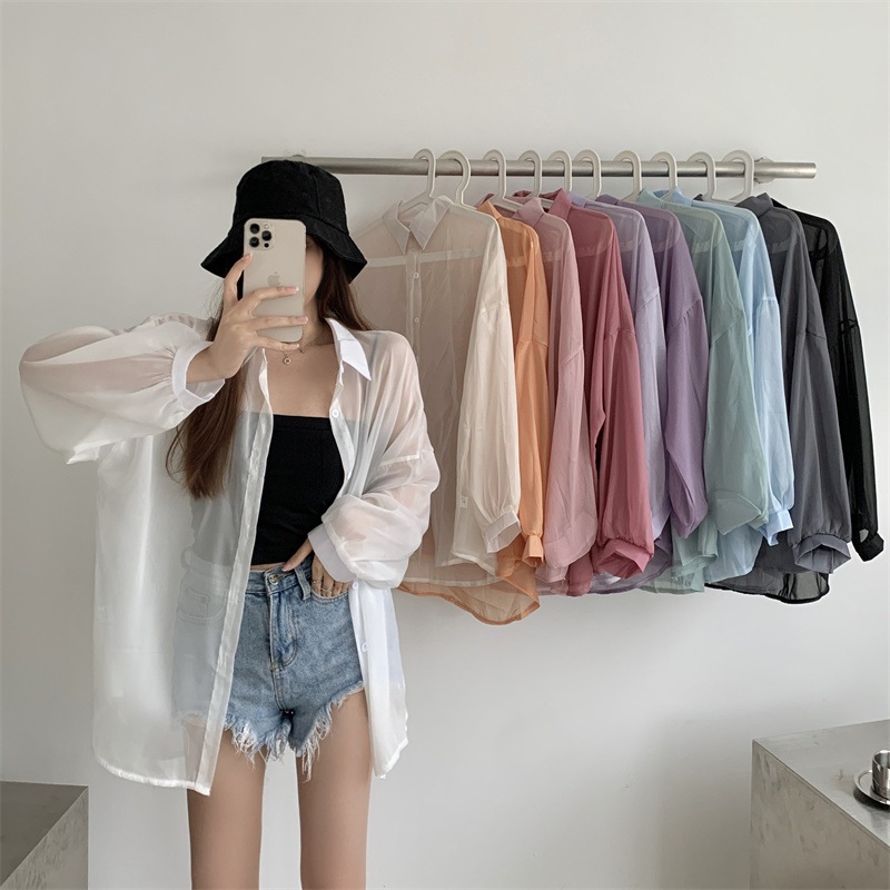 ❤easy❤ผู้หญิง แบบฝรั่งเศส ชีฟอง แขนยาว เสื้อเชิ้ต กันแดด รุ่นบาง เสื้อ