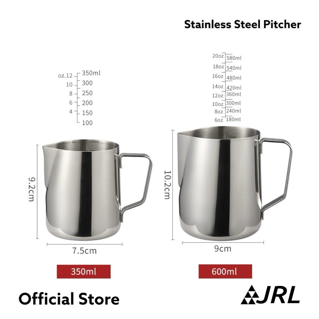 JRL พิทเชอร์ มีขีดบอกปริมาตร เหยือกสแตนเลส ปากตัดตรง เหมาะสำหรับ Latte Art เลือกขนาด 350/600/950 มล