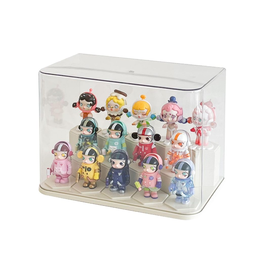 Clear Display Cases Collectibles Showcase with 14pcs Cube Stackable Storage Box with Lid