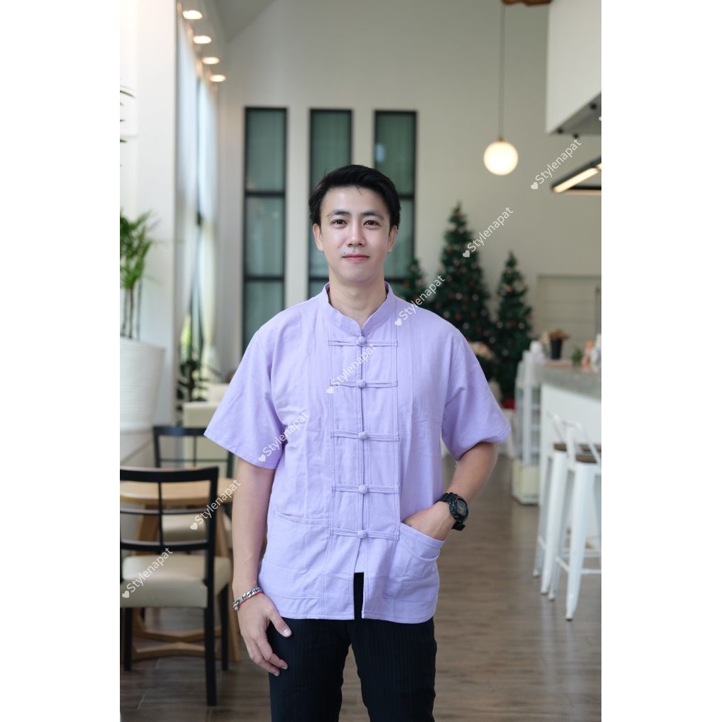 [พร้อมส่ง] เสื้อผ้าฝ้ายคอจีน กระดุมถัก อก40-50" ผู้ชาย