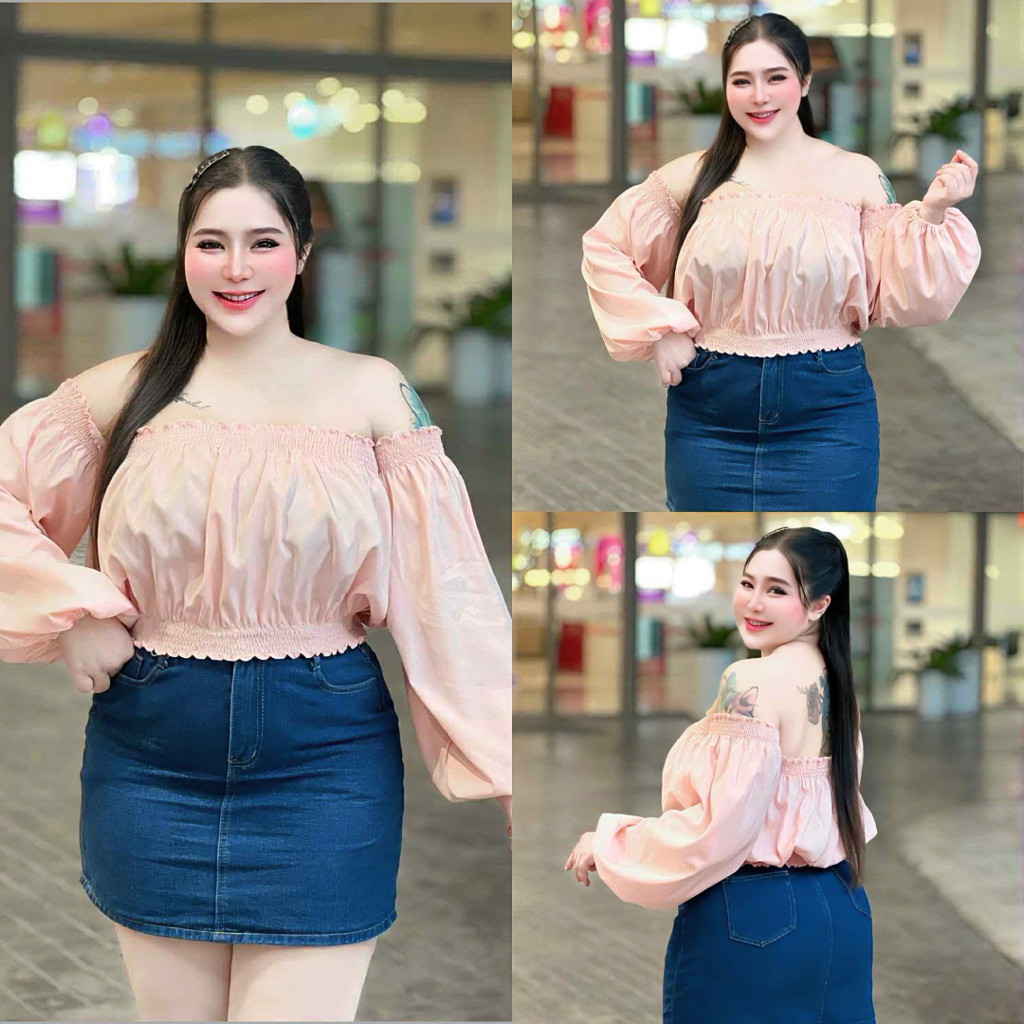 #16(ส่งเร็ว)เสื้อปาดไหล่สาวอวบแขนยาวดึงยางสม็อครอบตัว เนื้อผ้าไหมอิตาลี ไซส์ใหญ่ Bigsize Women แฟชั่นสาวอวบ