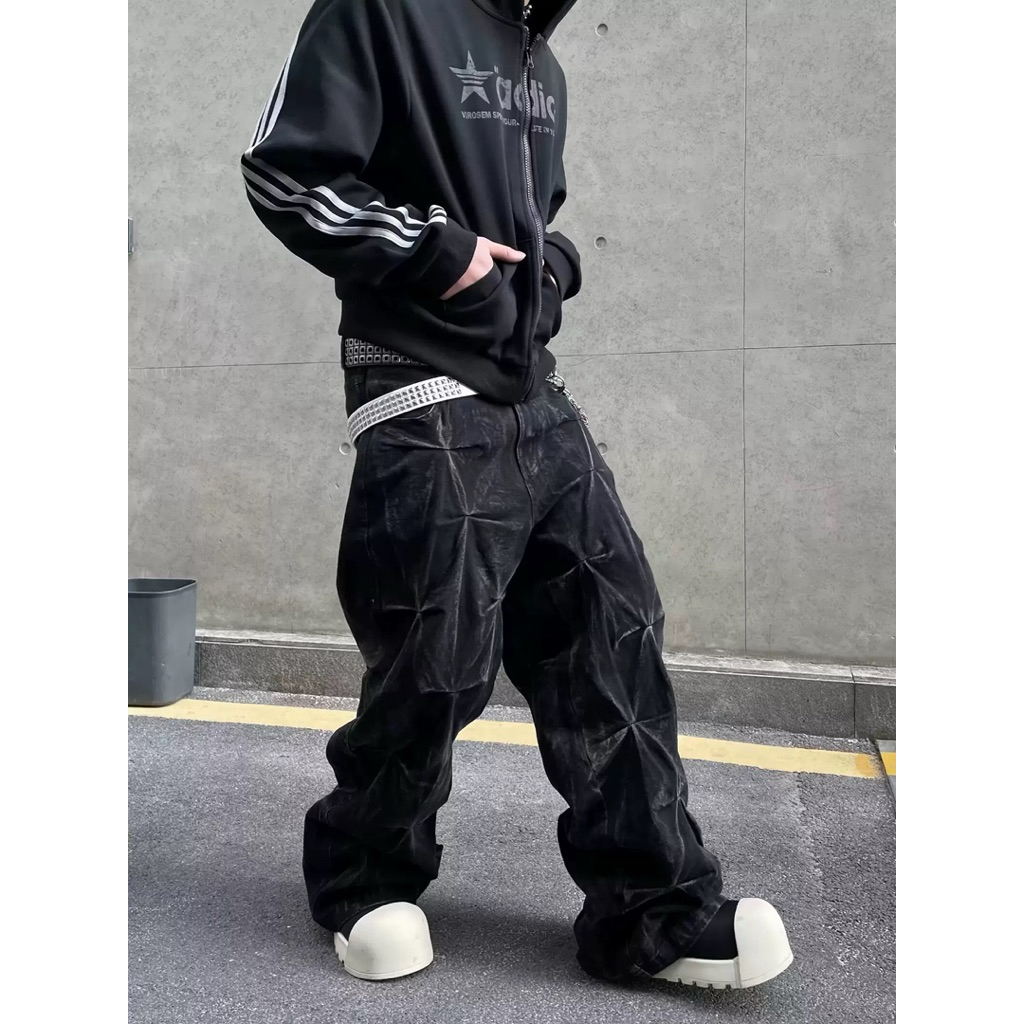กางเกงทรงกระบอกผู้ชาย distressed baggy jeans