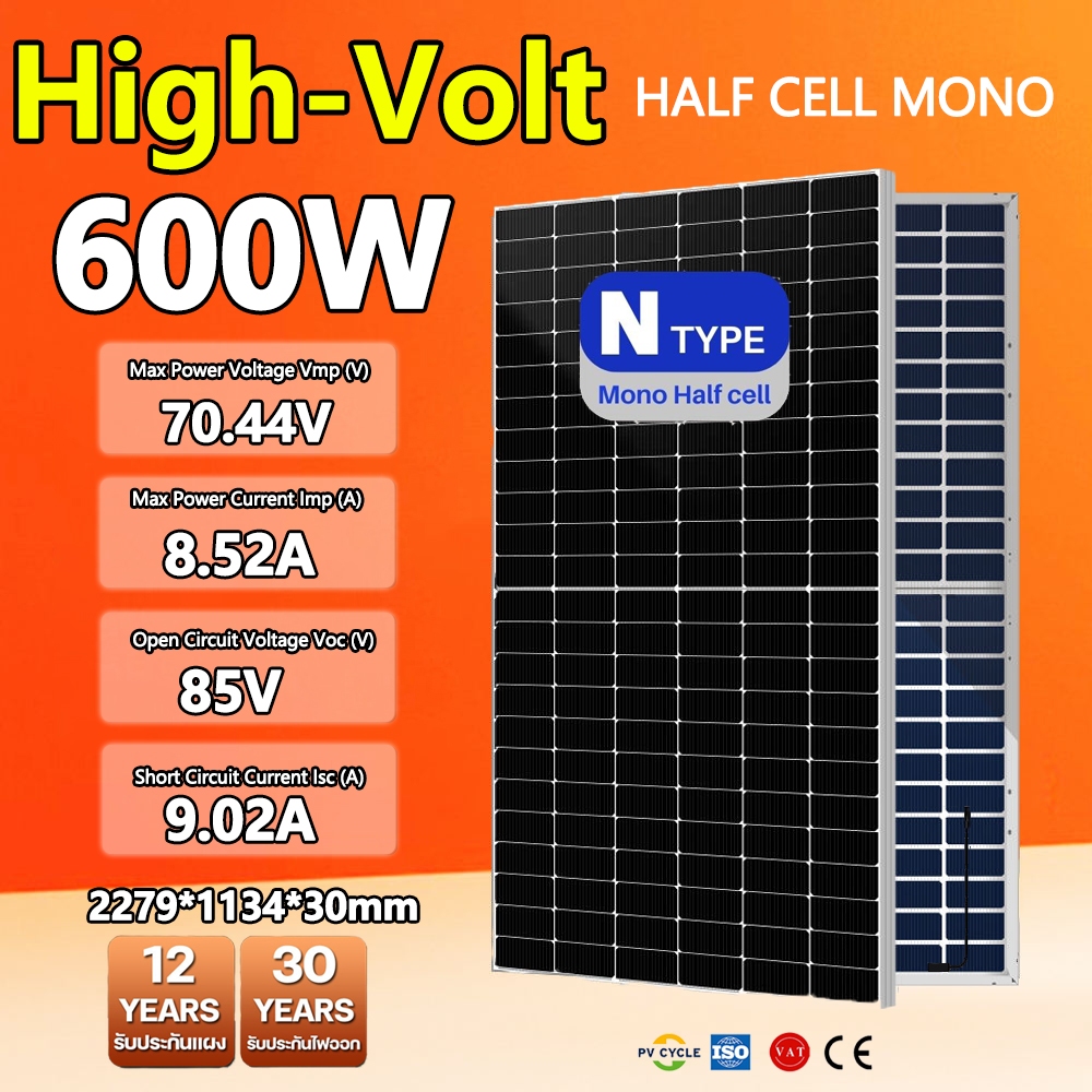 แผงโซล่าเซลล์ 600W (HIGH VOLT) DOUBLE GLASSE NTYPE MONO HALF CELL โซล่าเซลล์ โมโน แผงโซล่าเซลล์