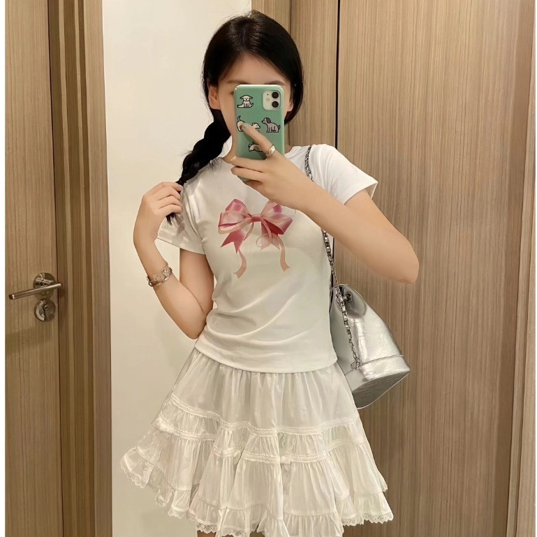 🎀shopmkl🎀เสื้อยืดแขนสั้น  เสื้อยืดลายพิมพ์โบว์สีชมพู เแฟชั่นสไตล์เกาหลี มี6สีให้เลือก🎀 #9677
