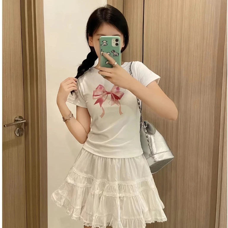 🎀shopmkl🎀เสื้อยืดแขนสั้น เสื้อยืดลายพิมพ์โบว์สีชมพู เแฟชั่นสไตล์เกาหลี มี6สีให้เลือก🎀 #9677