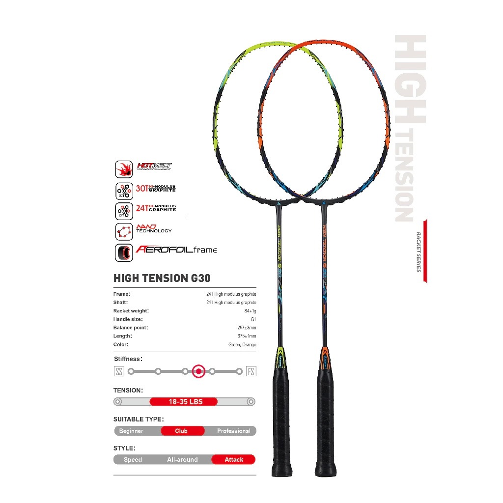 KAWASAKI ไม้แบดมินตันคาวาซากิ รุ่น  HIGHT TENSION G30  แถมซองไม้แบด+เอ็น+กริป ฟรี
