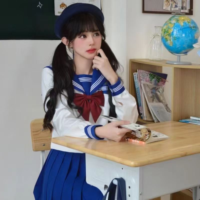 Yuki(เสื้อเซ็ท3ชิ้น)สีฟ้าแซฟไฟร์🎀ชุดญี่ปุ่น🎀JK ชุดนักเรียนญี่ปุ่น  กระโปรง คอสเพลย์ Cosplay  เอวปรับ