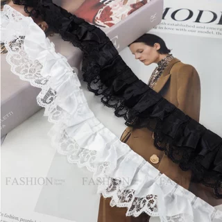 ลูกไม้ระบาย ขอบซาติน+ชายผ้าโปร่ง ขนาด 5ซม สีขาวดำ🤍🖤 (✂️ตัดขายเป็นหลา) #18924