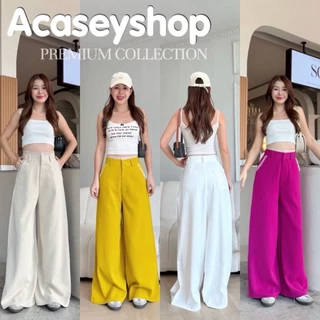 Acasey กางเกงขายาวผู้หญิง ขากระบอกใหญ่ ขาบาน แต่งเอวลูกไม้ ผ้าลิลลี่ ใส่สบาย ไซส์ S - XL