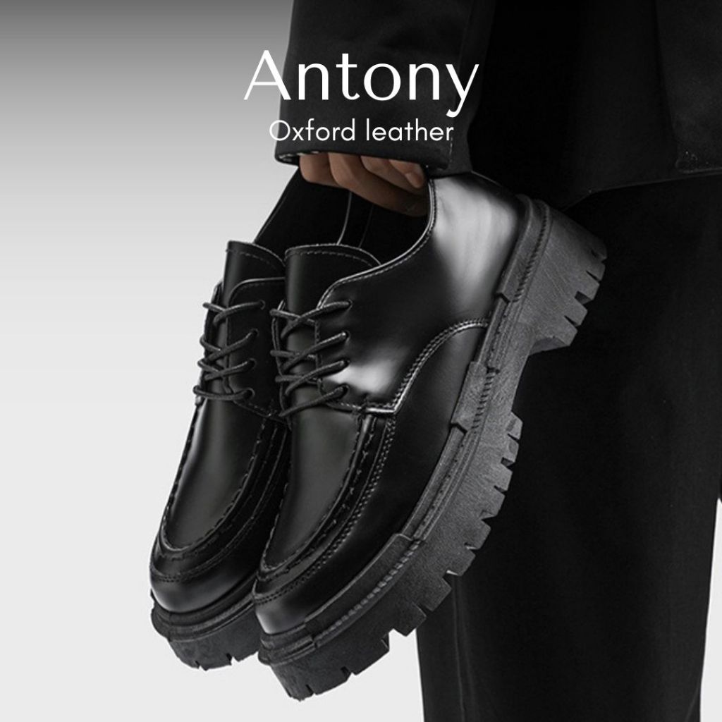 รองเท้าหนังผู้ชาย สีดำ ส้นปานกลาง แบบทางการ ผูกเชือก รุ่น Antony