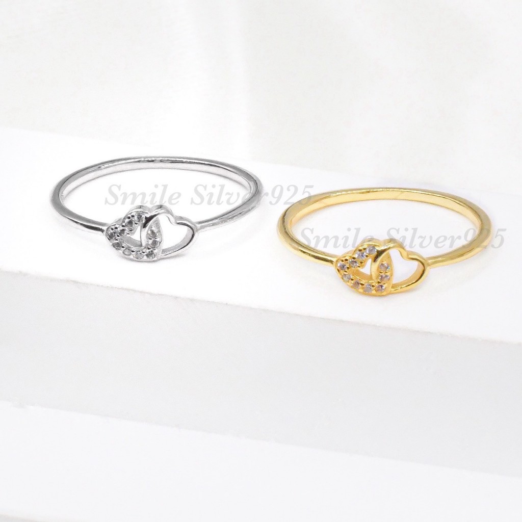 ว27 แหวนเงินแท้92.5%ชุบทอง18k/ชุบทองคำขาว ลายหัวใจคู่ Love Couple ขนาด 5.5x1.2mm.
