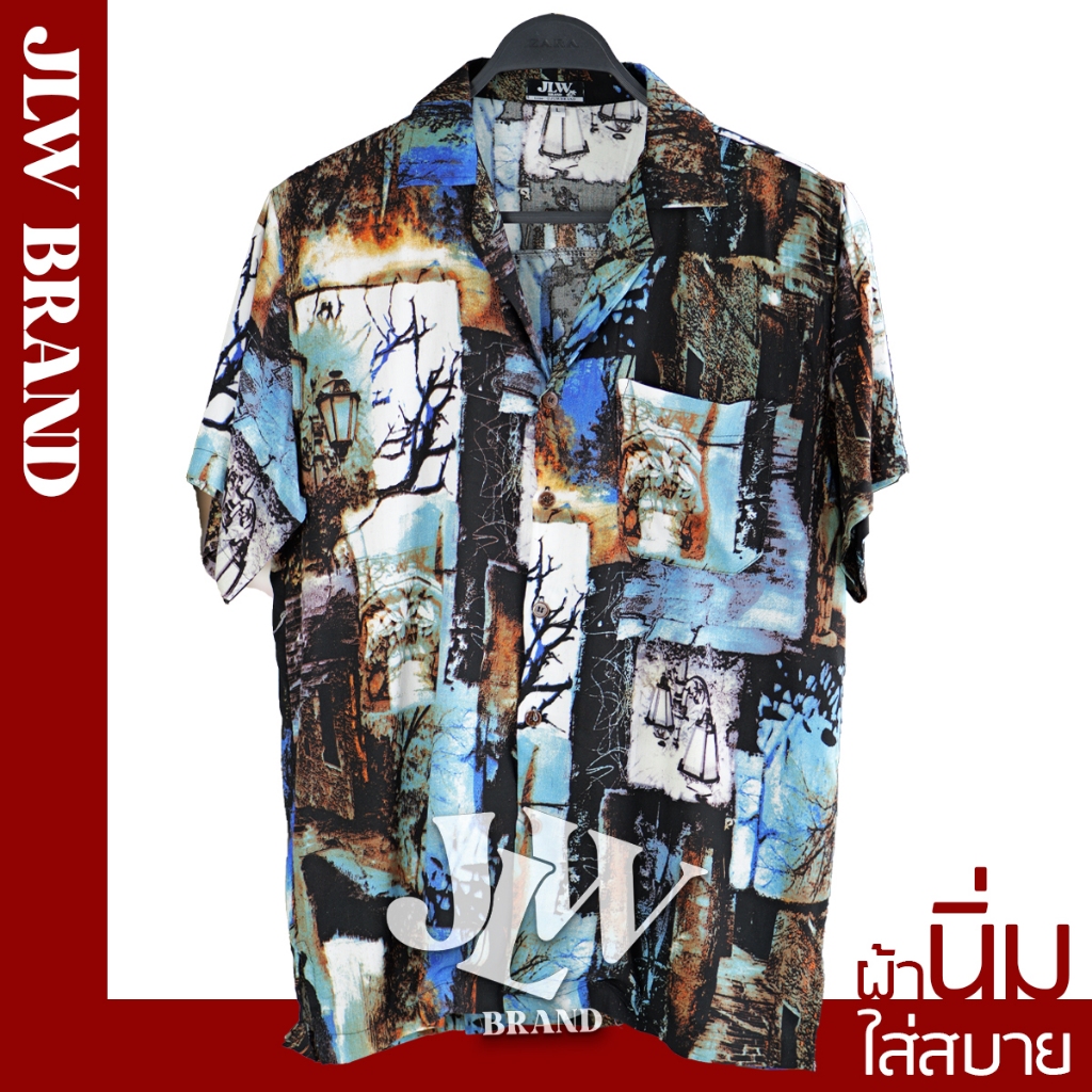 เสื้อฮาวาย ลายโคมไฟวินเทจ ฟ้า ผ้านิ่ม M L XL Oversize คอฮาวาย JLW BRAND