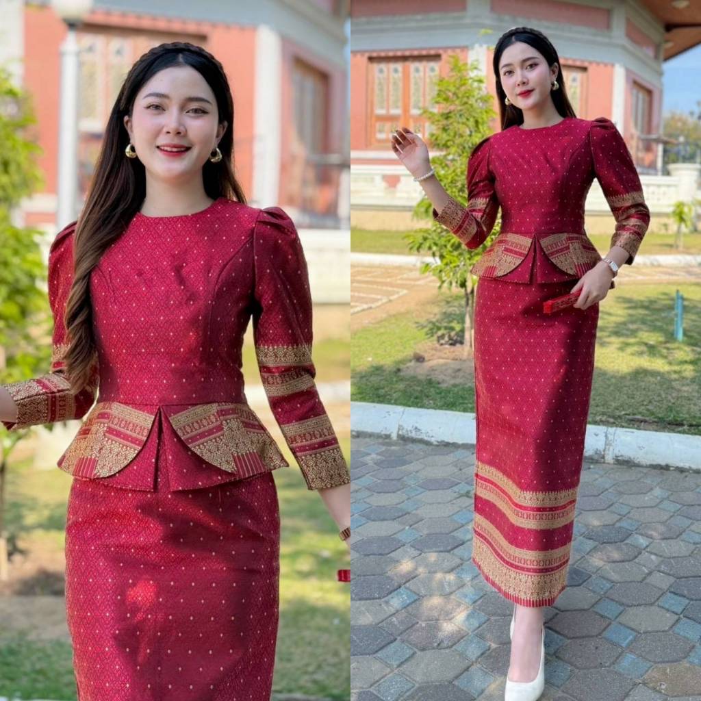 HM-SET 2ชิ้น ชุดไทยประยุกต์ ชุดไทยสีแดง ชุดเช็ตผ้าฝ้ายทอยกดอก เสื้อดีไซน์คอกลม ซิปหลัง +กระโปรงผ่าหลัง แต่งโบหลัง ซิปหลั