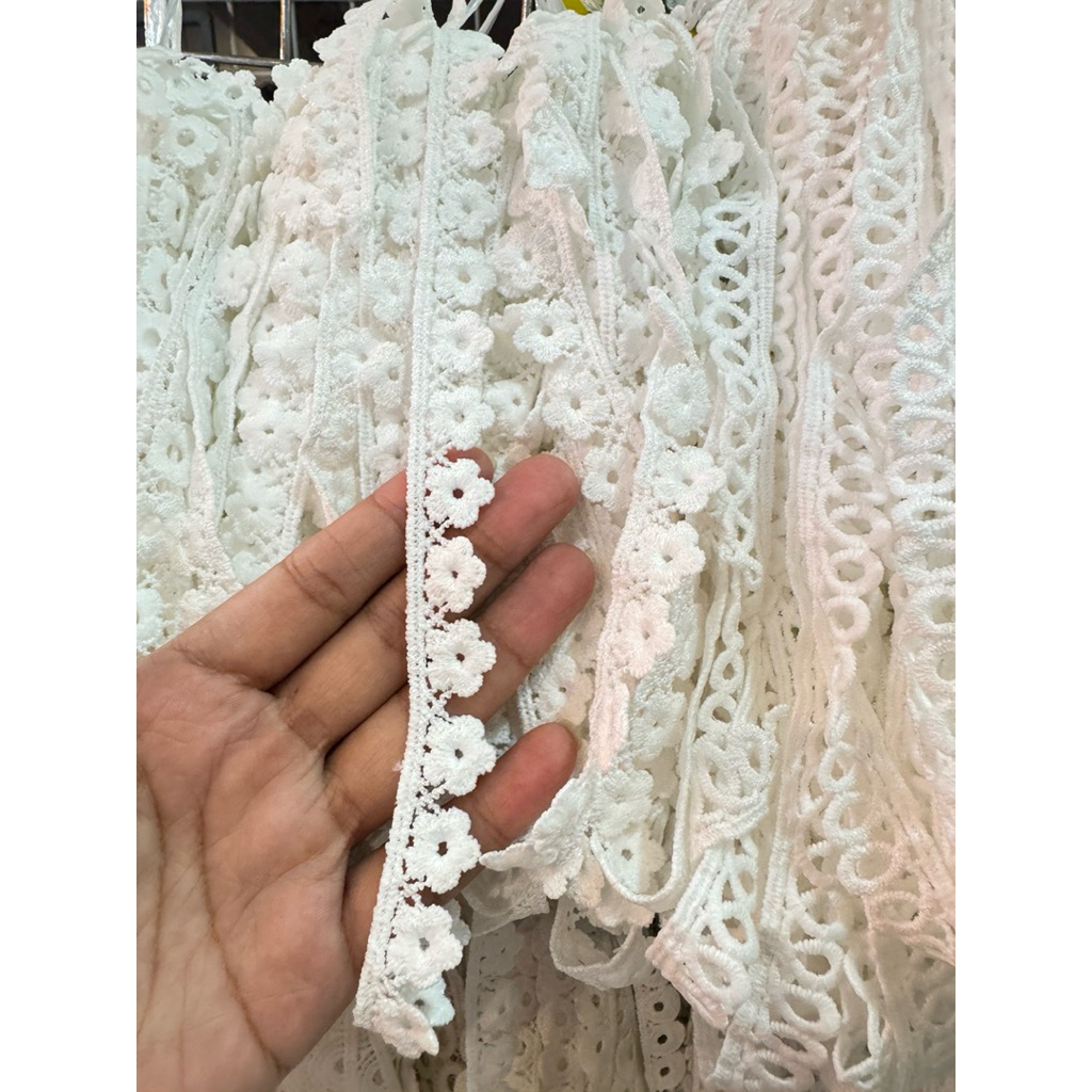 ลูกไม้เส้นแต่ง1.5cm.  เนื้อผ้าคอตตอน  #ผ้าลูกไม้ สีขาวออฟไวท์ เส้นละ15หลา 150฿