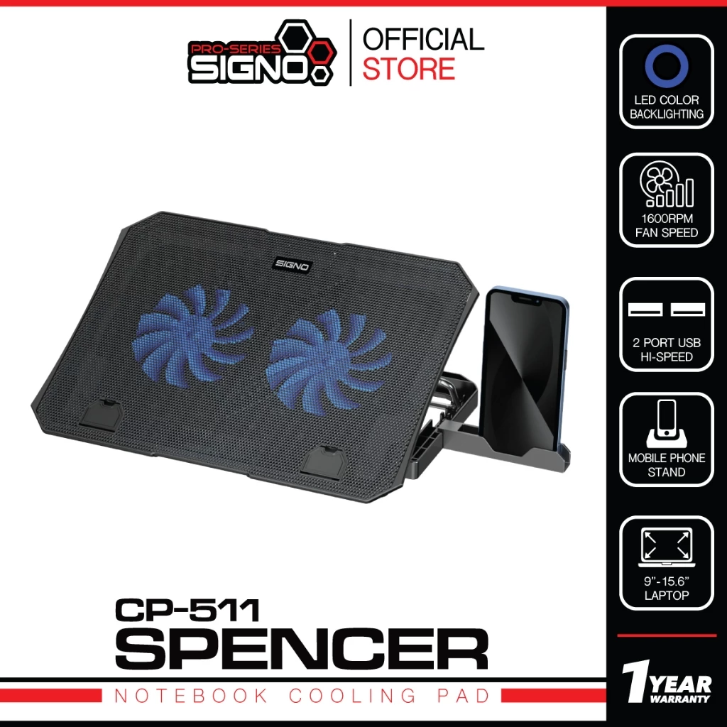 SIGNO CP-511 พัดลมระบายความร้อนโน๊ตบุ๊ค Notebook Cooling Pad 2 ใบพัด ไฟ LED ปรับระดับได้ มีพอร์ต USB