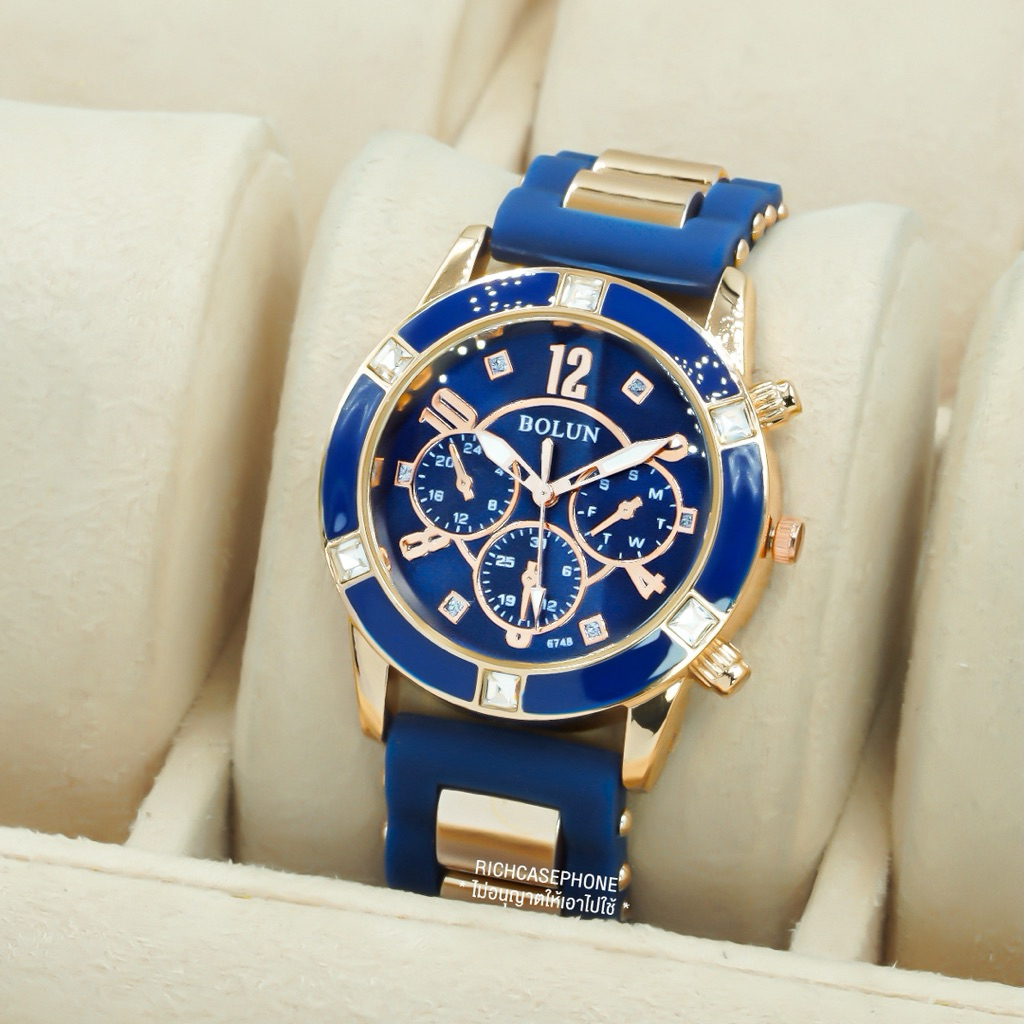 นาฬิกาข้อมือ BOLUN - โบลัน แท้ รหัส SS89 หน้าปัดขอบพิ้งค์โกลด์ 3 วง สายซิลิโคน ( 40 MM ) มีหลายสี