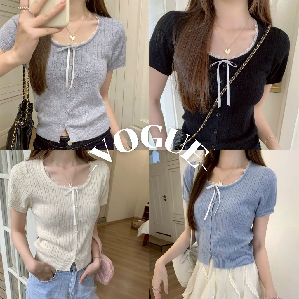Vogue🌟พร้อมส่ง🌟  เสื้อยืดไหมพรม แขนสั้น คอกลม ดีเทลผ้าร่องแต่งโบว์ (95201)