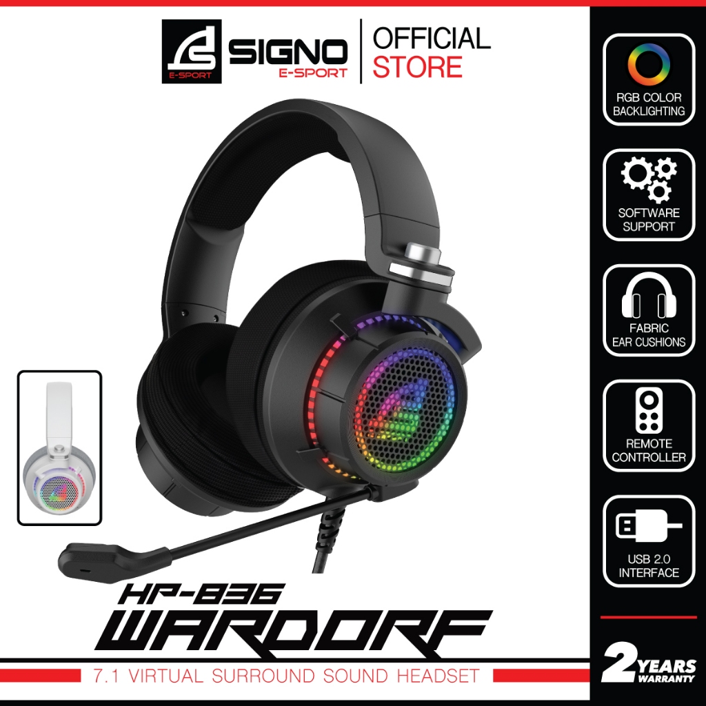 SIGNO HP-836 หูฟังเกมมิ่ง Gaming Headset ระบบเสียง 7.1 Surround ไฟ RGB มีซอฟแวร์ น้ำหนักเบา สายยาว 2.2ม. เชื่อมต่อแบบUSB