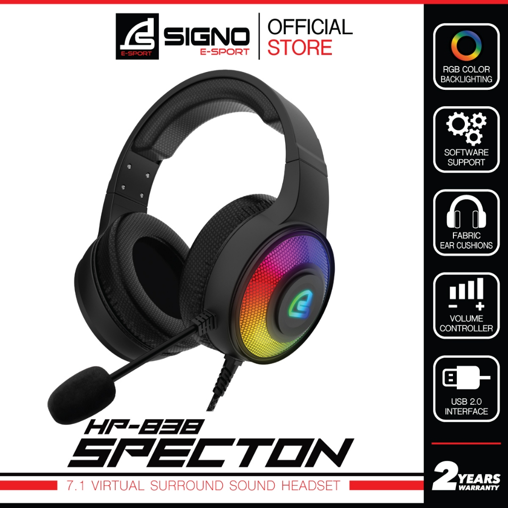 SIGNO HP-838 หูฟังเกมมิ่ง Gaming Headset ระบบเสียง 7.1 Surround ไฟ RGB มีซอฟแวร์ น้ำหนักเบา สายยาว 2.2ม. เชื่อมต่อแบบUSB
