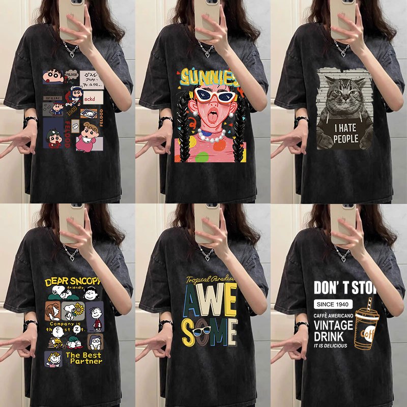 เสื้อฟอกวินเทจผู้หญิงกําลังฮิตใหม่ล่าสุดใหม่ oversize เสื้อผ้าสาวอวบไซส์ใหญ่แฟชั่น เสื้อยืดโอเวอร์ไซส์เกาหลี สกรีนลายเท่
