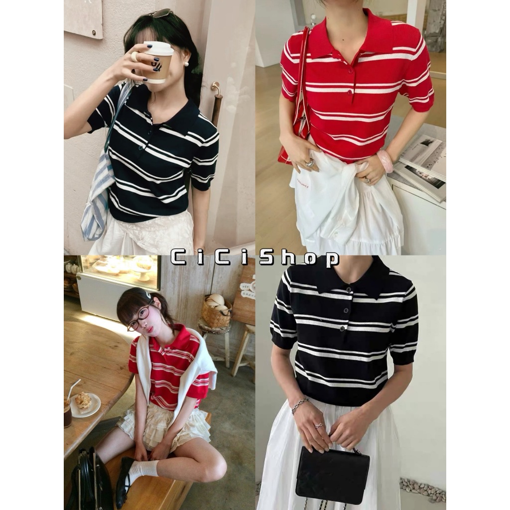 Cicishop(A2806-1) เสื้อคอปกไหมพรมลายทาง กระดุมแกะได้ ผ้านิ่มยืดทรงสวย สไตล์สาวเกาหลี