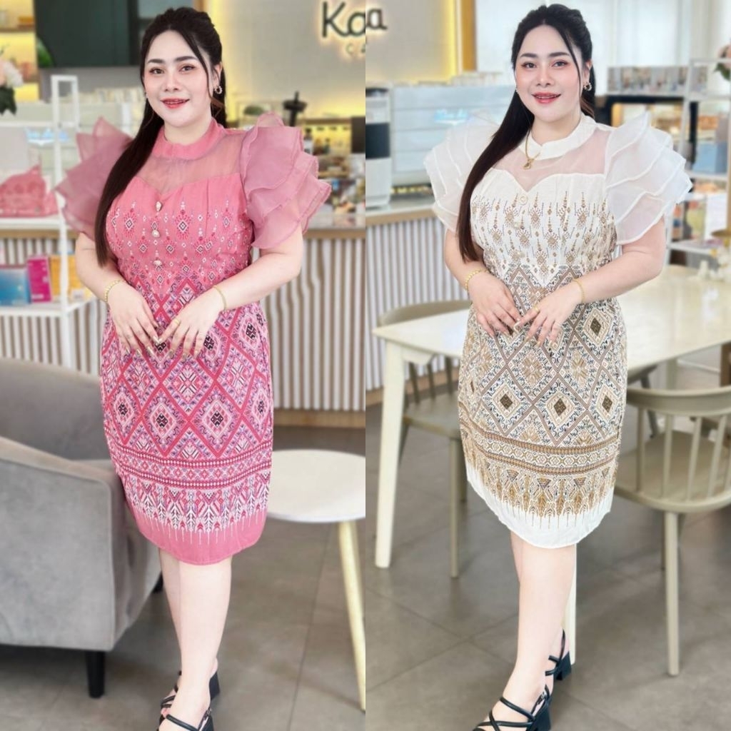 เดรสผ้าไทยประยุกต์แต่งแขนระบาย ใส่ออกงานบุญงานบวช งานพิธีการ งานแต่งทอดกฐิน - รูปที่ 4