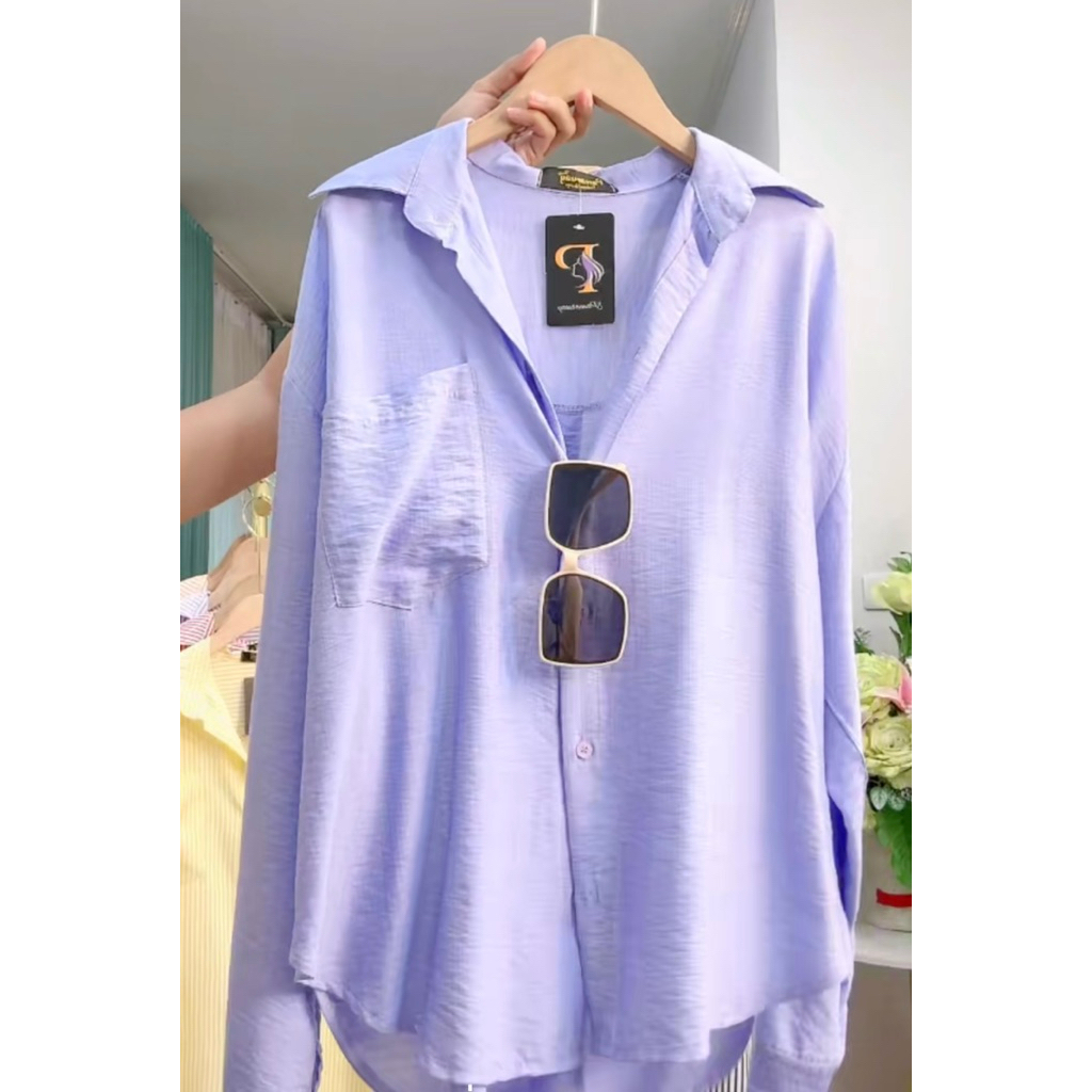 (อก 50“) เสื้อเชิ้ตแขนยาว Over size” (ผ้าสลาฟ)   แต่งกระเป๋า กระดุมหน้า!!