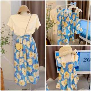 พร้อมส่ง ชุดคู่แม่ลูกลายดอก เสื้อ+กระโปรง ลายดอกสีฟ้า ใส่สบา…