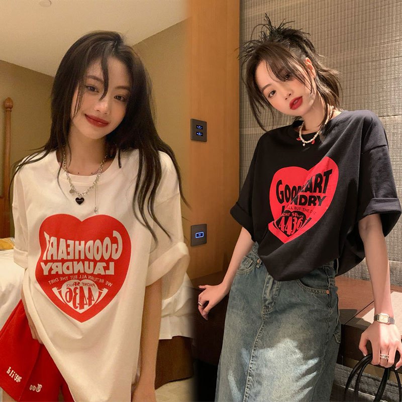 เสื้อยืดสวยผู้หญิงกําลังฮิต ผ้าคอตตอน 100% oversize เสื้อผ้าแฟชั่นไซส์ใหญ่ เสื้อโอเวอร์ไซส์เกาหลี พิมพ์ลายหัวใจ วินเทจ