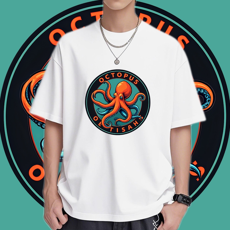 เสื้อยืดลายปลาหมึกสุดคูล สไตล์สตรีท-วินเทจ ผ้าคอตตอนนุ่ม ใส่สบาย Unisex ไซส์ S-3XL (มีหลายแบบ)