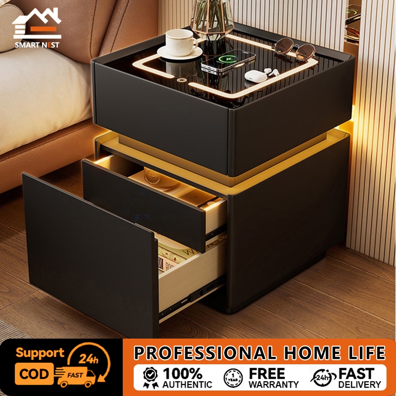 SMART NESTโต๊ะข้างเตียงอัจฉริยะสไตล์อิตาลีพร้อมระบบปลดล็อคลายนิ้วมือและไฟ การชาร์จไร้สายในห้องนอนใหม่ ไม้เนื้อแข็งทั