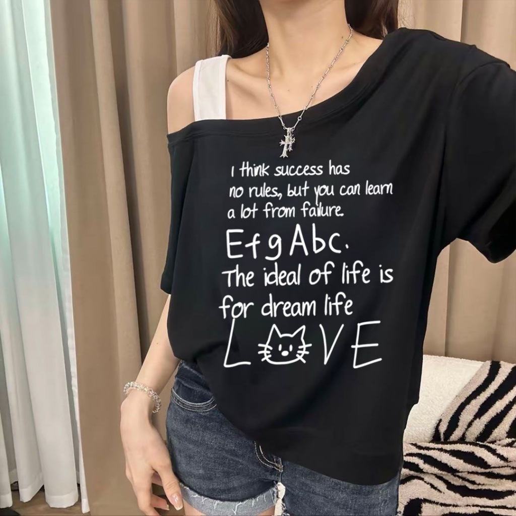 เสื้อปาดไหล่ แฟชั่นสําหรับสตรี สไตล์วินเทจ แบบบาง แขนสั้นสีเทา เสือใส่สบาย เสื้อยืด oversize สไตล์เกาหลีแฟชั่น ไซส์ใหญ่