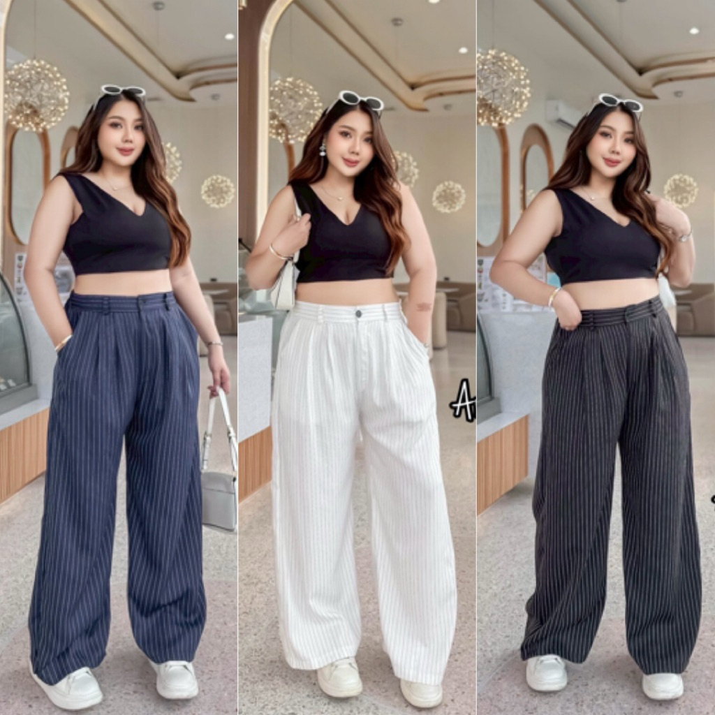 💙กางเกงขายาวเอวสูงทรงกระบอกลายริ้ว ลายนี้ใส่แล้วดูเพรียว ไซส์ใหญ่ plussize YY