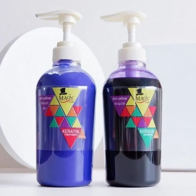 (ครบชุด)แชมพูม่วง500ml.+ครีมนวดม่วง500ml. ครบชุด สำหรับผมฟอกทำสี Magic Hair Anti Yellow Exp : 2028