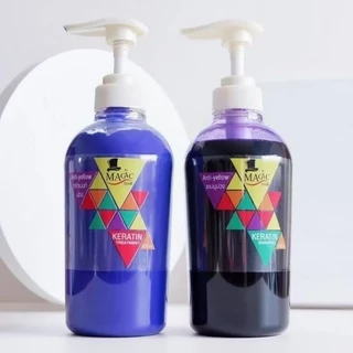 (ครบชุด)แชมพูม่วง500ml.+ครีมนวดม่วง500ml. ครบชุด สำหรับผมฟอกทำสี Magic Hair Anti Yellow Exp : 2028