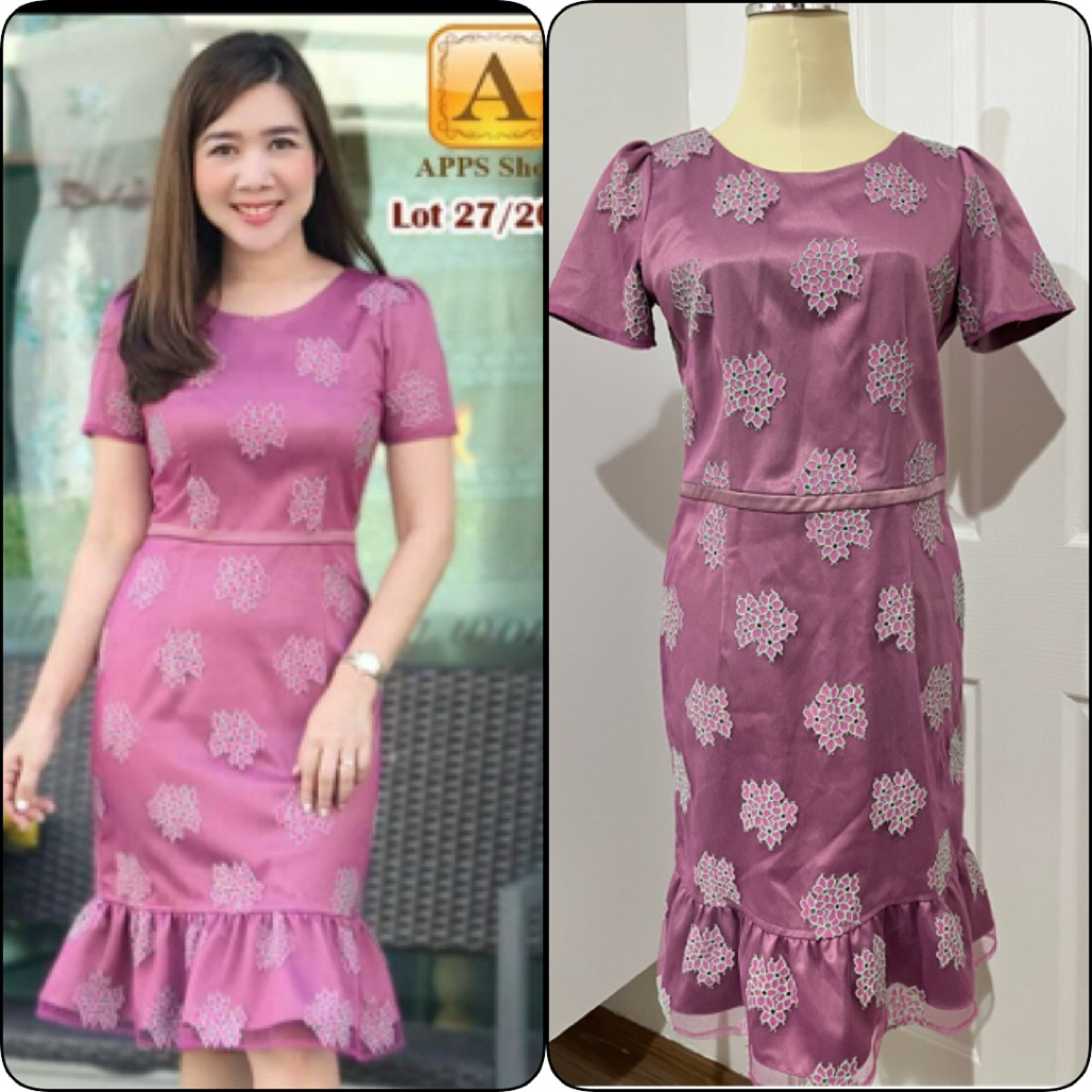 Apps shop(2nd) : M/L ชุดทำงาน เดรสออกงาน ชึดปักดอกไม้ สีม่วง