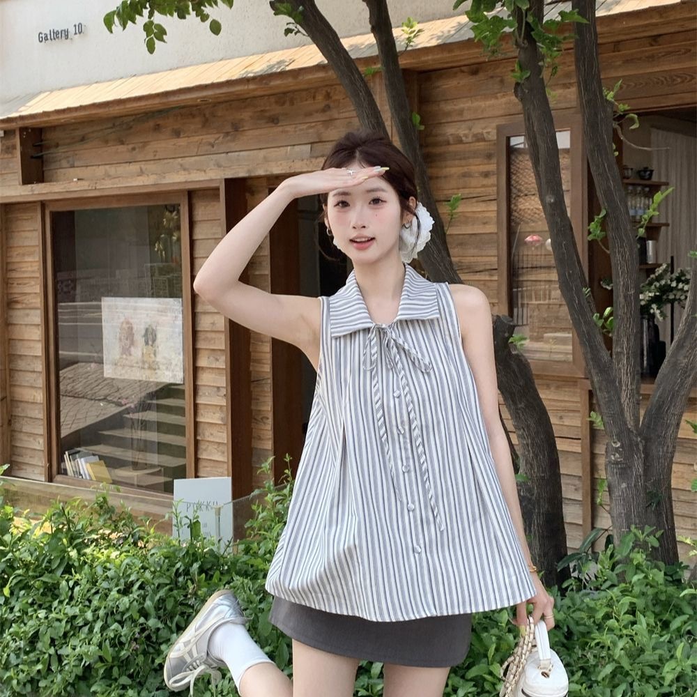 🧡LINNA🧡เวอร์ชั่นเกาหลี แถบ เสื้อเชิ้ต ผูกขึ้น หลวม หวาน แฟชั่น
