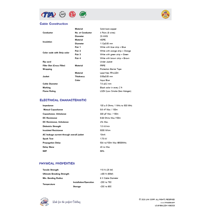 Link US-9156ALSZH CAT6A Indoor 305M. Blue Color UTP Super-S Series LSZH Cable,Bandwidth 500MHz - รูปที่ 3