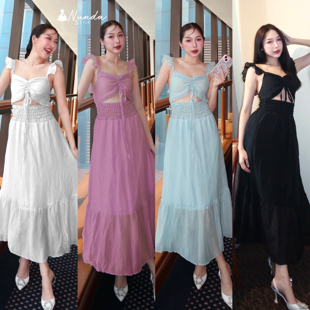 🐤Nunda Style🐤 เดรสแขนระบายแขน สม็อคเอว น่ารักโซคิ้วท์มาก กระโปรงยาวจับจีบแต่งระบาย
