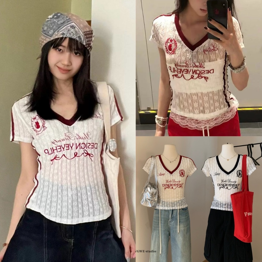 🧡🧵 🇰🇷 W6093 เสื้อยืดคอวี ผ้าลูกไม้ ผ้าบาง เซ็กซี่สุดๆค่า ตัดขอบคอเสื้อ แต่งแถบ ผ้าแฟชั่นเกาหลี TAG WG.WE 🧵🧡