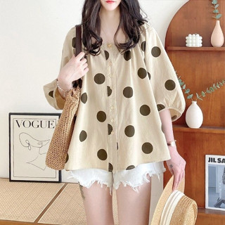 Crush~ลายจุด แขนยาว เสื้อเชิ้ต ขนาดพลัส หลวม แฟชั่น สันทนากา…