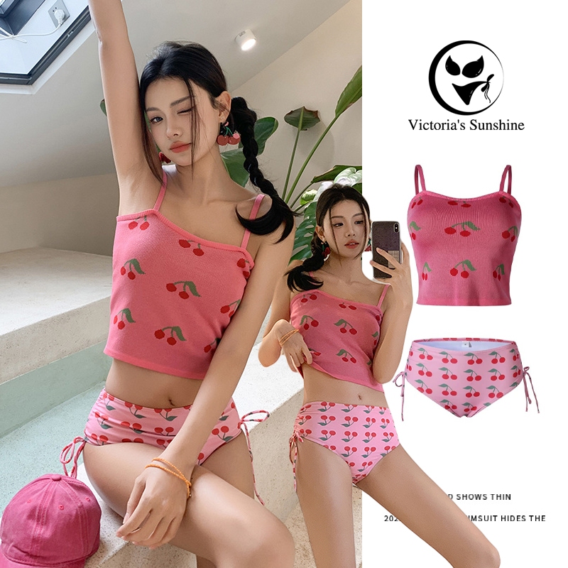 ส่งไวจากไทย ชุดว่ายน้ำ ทูพีช swimsuit ลายเชอรี่สีชมพู bikini sexy มีฟองน้ำ#0899