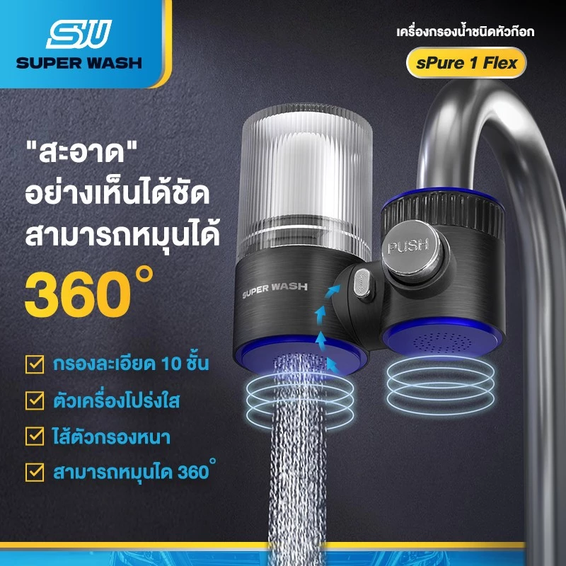 SUPERWASHแบบปุ่มกด เครื่องกรองน้ำหัวก๊อก กรองน้ำ10ชั้น ติดตั้งง่าย ตัวกรองเซรามิก ต่อเข้ากับหัวก๊อกต่างๆได้ถึง99%
