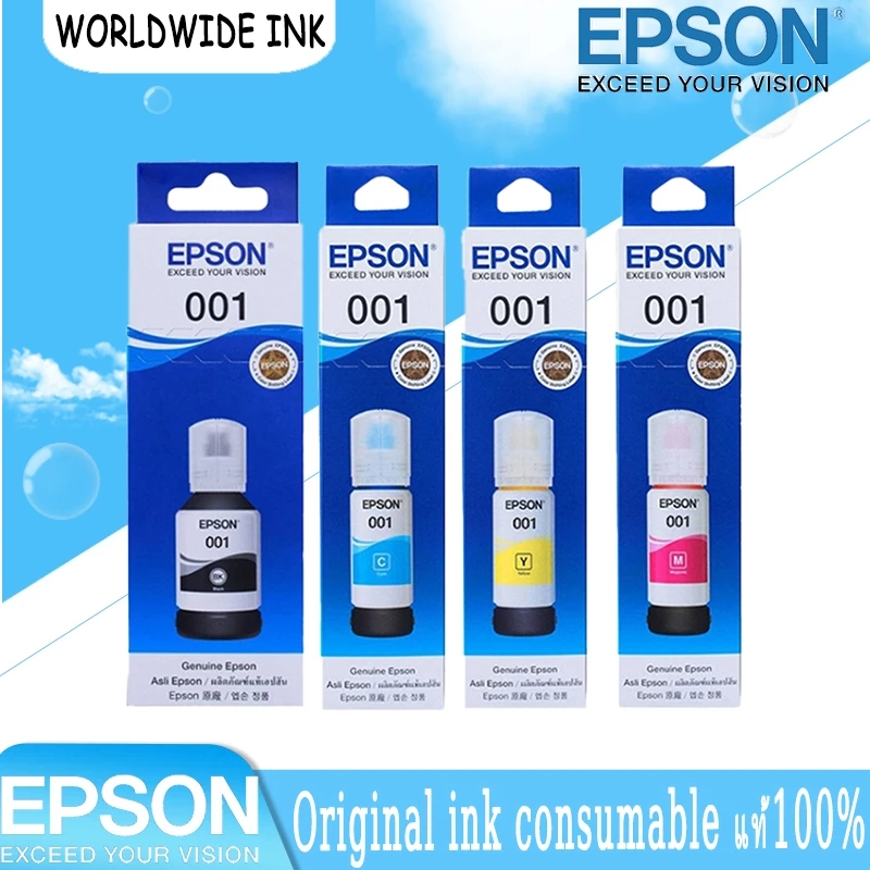หมึกเติมแท้(พร้อมกล่อง) EPSON-001 BK/C/M/Y หมึกเติมแท้100% Epson 001 for L4150 / L4160 / L6160 / L6170 / L6190