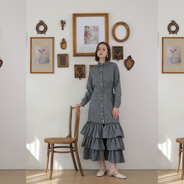 Passara Basic เดรสเชิ้ตชายระบาย สีเทา