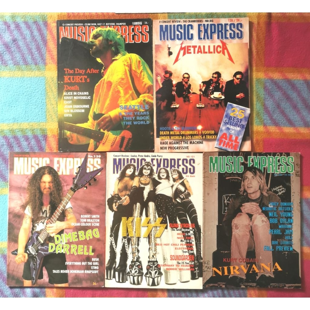 หนังสือ​ นิตยสาร​เพลงสากลหายาก​ Music​Express.​หน้าปก​ Kurt Cobain / Metallica / The Cure / Kiss / K